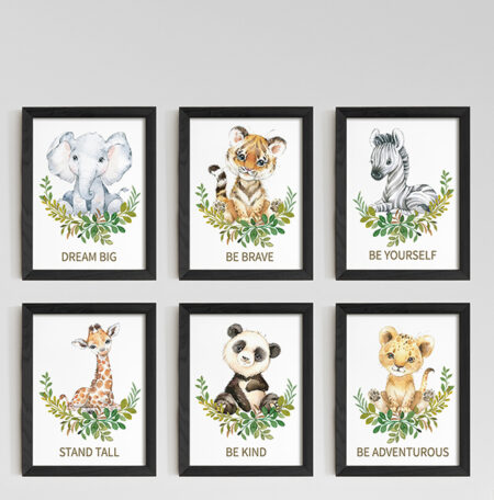 Safari water colour cute animals with mtivational quote,Wall Decore Art, 6 frames