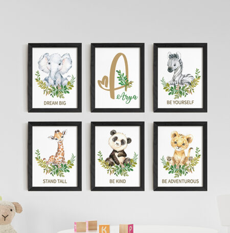 Safari water colour cute animals with Personalized Initial Girl Name, Wall Decore Art, 6 frames