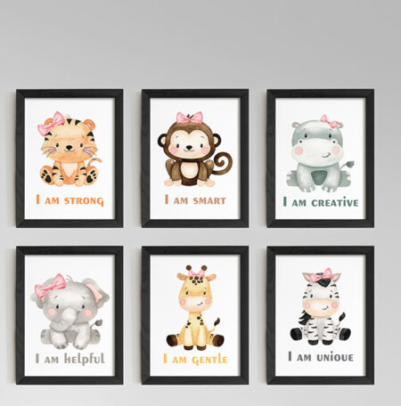 Safari water colour cute females animals with mtivational quote, Wall Decore Art, 6 frames