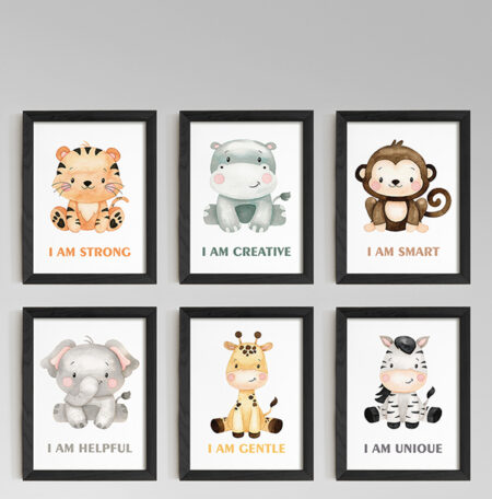 Safari water colour cute male animals with motivational quote, Wall Decore Art, 6 frames