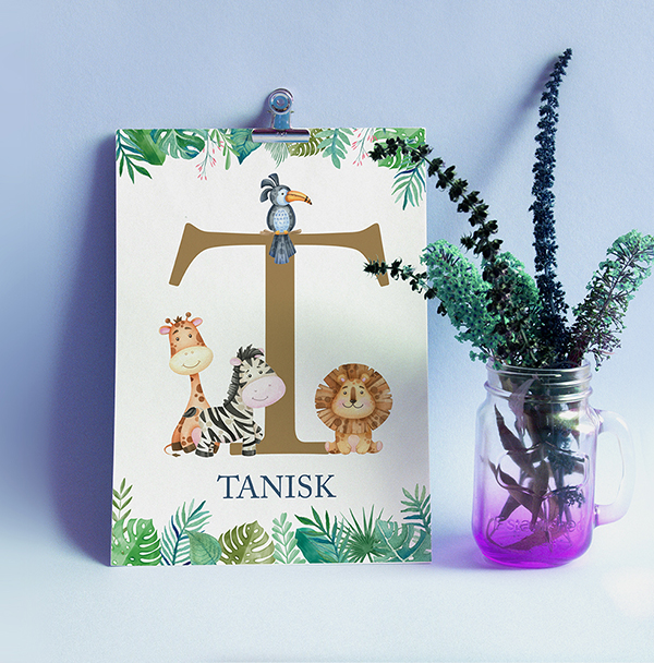Safari animals with Personalized Initial, Boy or Girl Name, Wall Decore Art